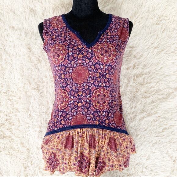 MAX JEANS Orange Blue Floral Hi Low Ruffle Sleeveless Top size XS - Picture 2 of 6
